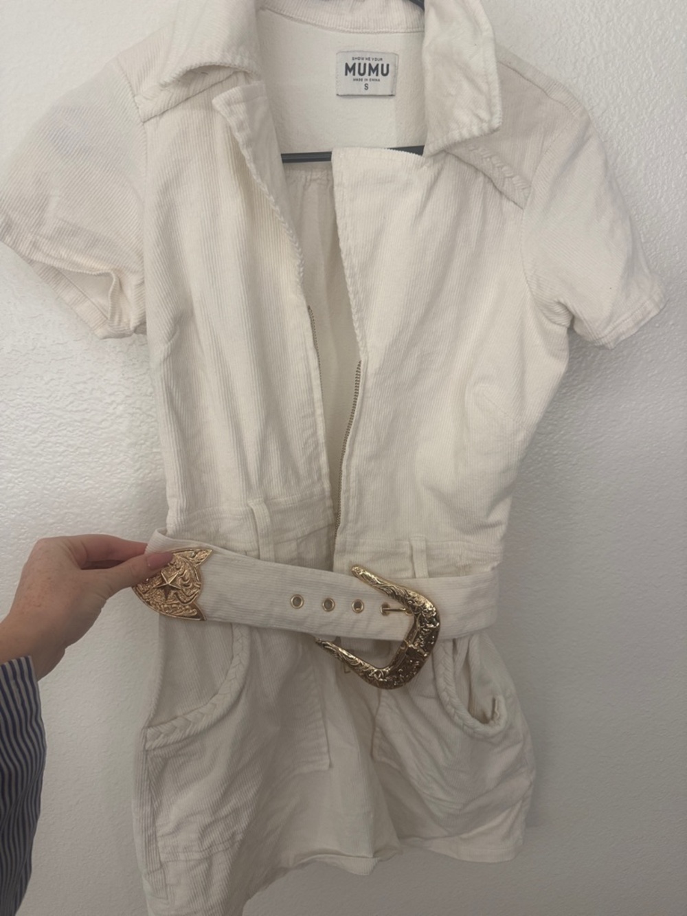 Show Me Your Mumu Cream Corduroy Dress with Gold Buckle Belt